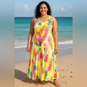 Ruby Rd. Woman 1X Tropical Leaf Print Sleeveless Maxi Dress Multicolor